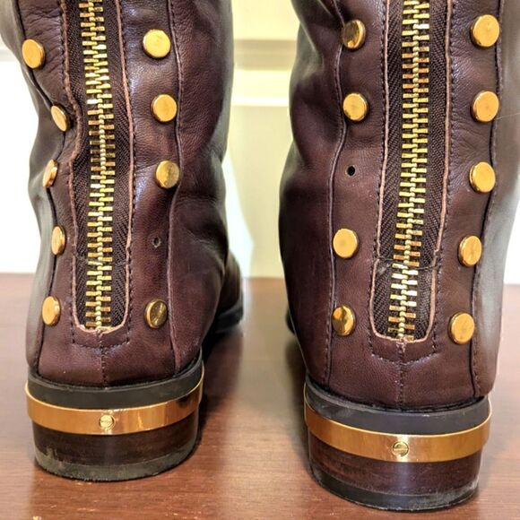 3/$30 GUC Vince Camuto 6 1/2M Parshell Brown Leather Gold Studded Moto Boots - Picture 8 of 16